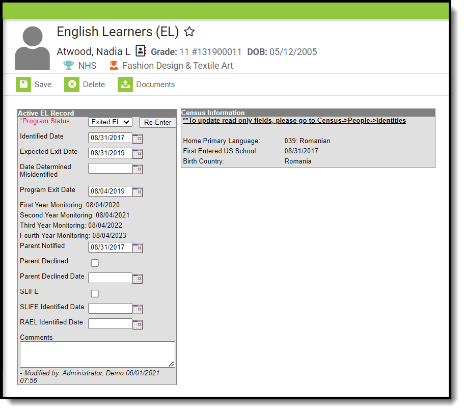 Image of fields available for entry of English Learners data