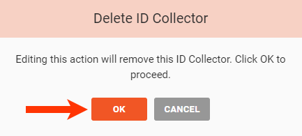 The Delete ID Collector dialogue, with a callout of the OK button