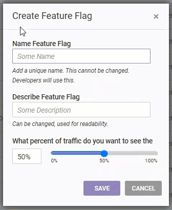 Animated demonstration of a user inputting a name and description for a new feature flag, then setting the traffic percentage, and then clicking the SAVE button on the 'Create Feature Flag' modal