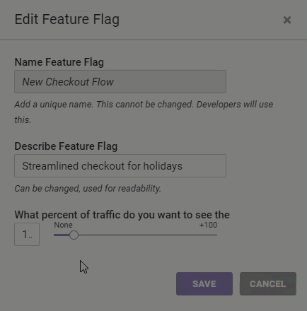 Animated demonstration of a user  revising the traffic percentage in the 'Edit Feature Flag' modal, and then clicking the SAVE button