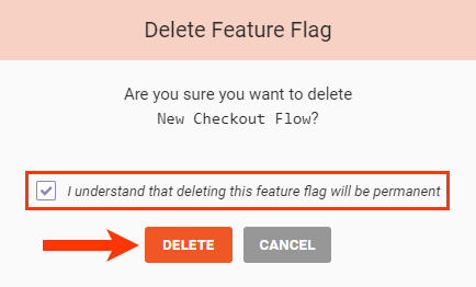 The 'Delete Feature Flag' modal, with a callout of the statement that states, 'I understand that deleting this feature flag will be permanent,' and a callout of the DELETE button