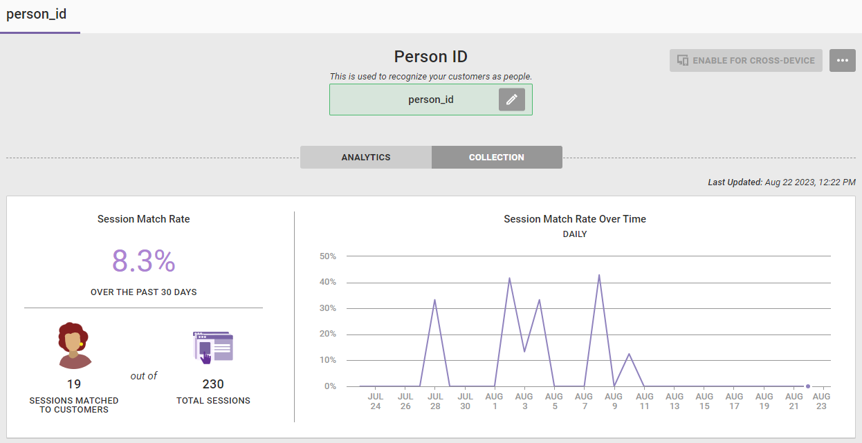 The ANALYTICS view of the active Person ID for a Customer View
