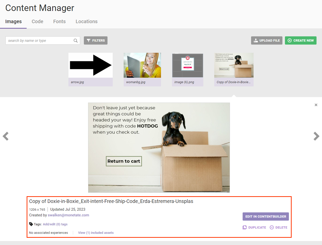 Callout of the details of a selected image as seen on the Images tab of Content Manager