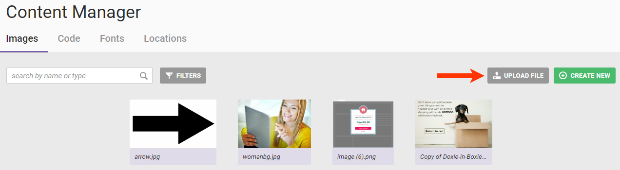 Callout of the UPLOAD FILE button on the Images tab of Content Manager