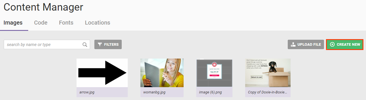 Callout of the 'CREATE NEW' button on the Images tab of Content Manager