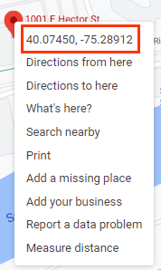 Callout of longitude and latitude coordinates at the top of the contextual menu of a Google Maps pinned location