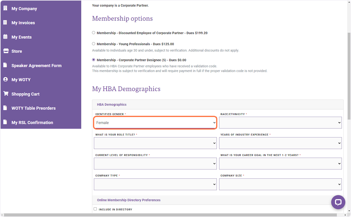 Complete the required My HBA Demographics fields