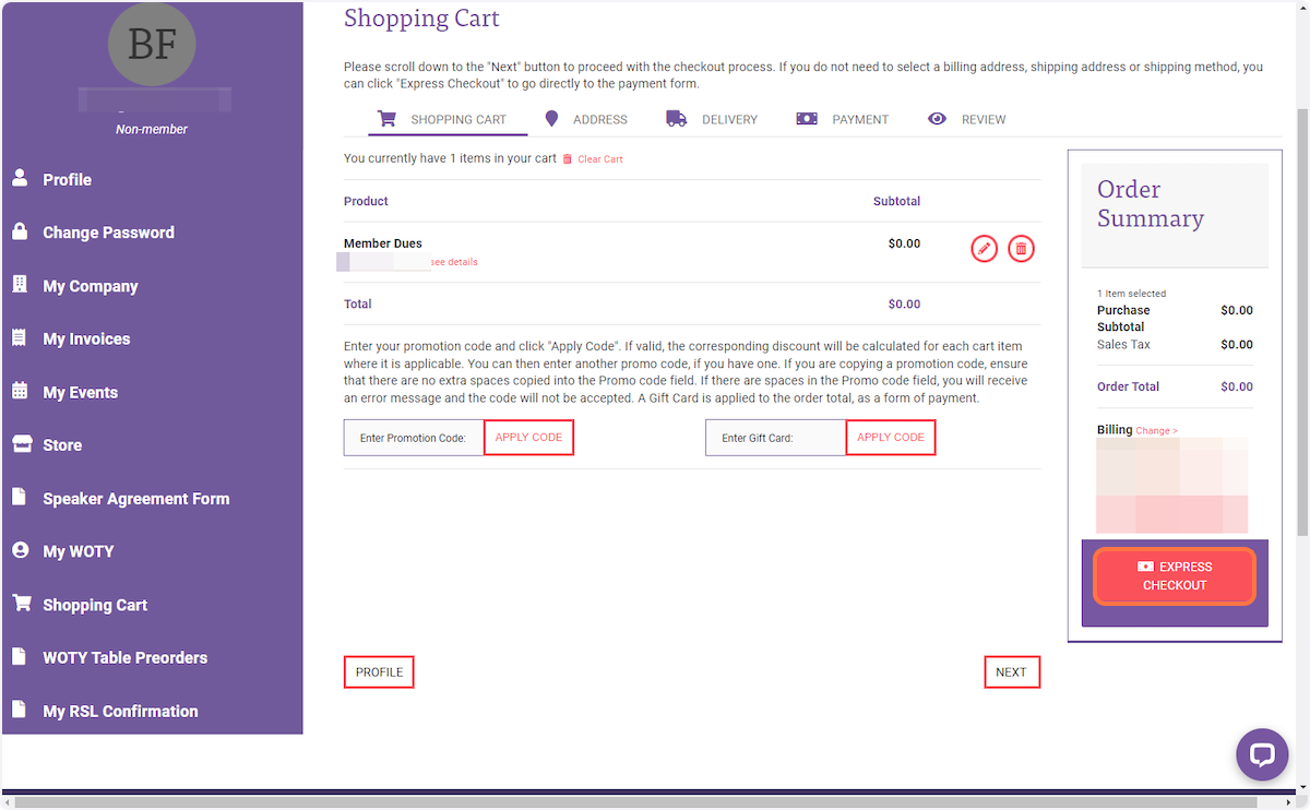 Now you are in the shopping cart. You will see your balance is $0/€0. Click Express Checkout