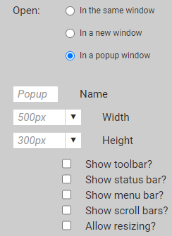The Link properties fields, with the 'In a pop up window' option selected