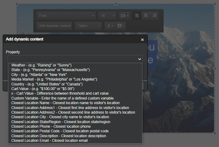 The 'Add dynamic content' selector of Content Builder, which includes the 'Custom Variable' option
