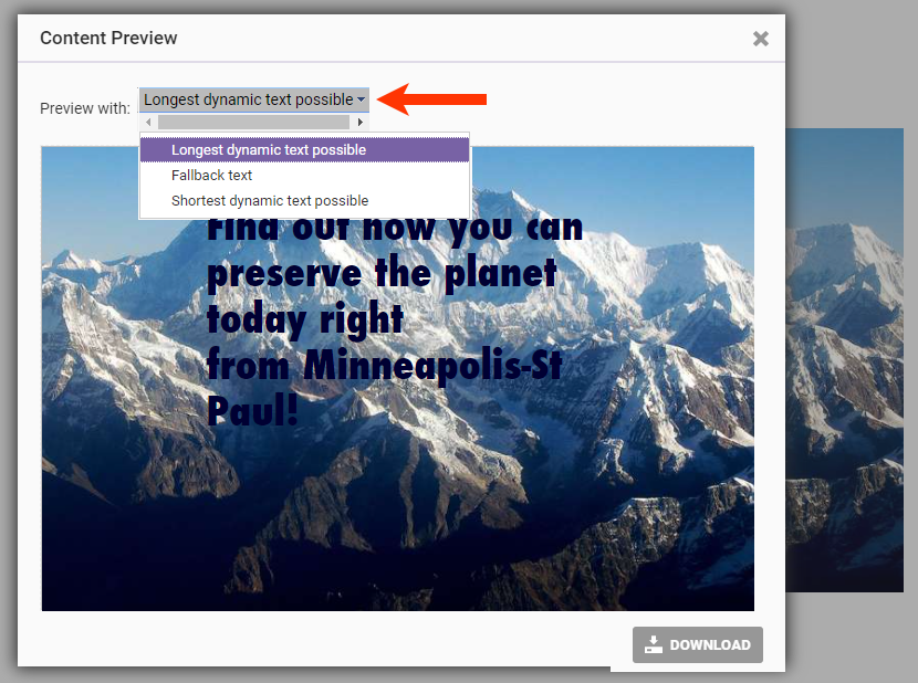 Callout of the 'Preview with' selector in the Content Preview modal