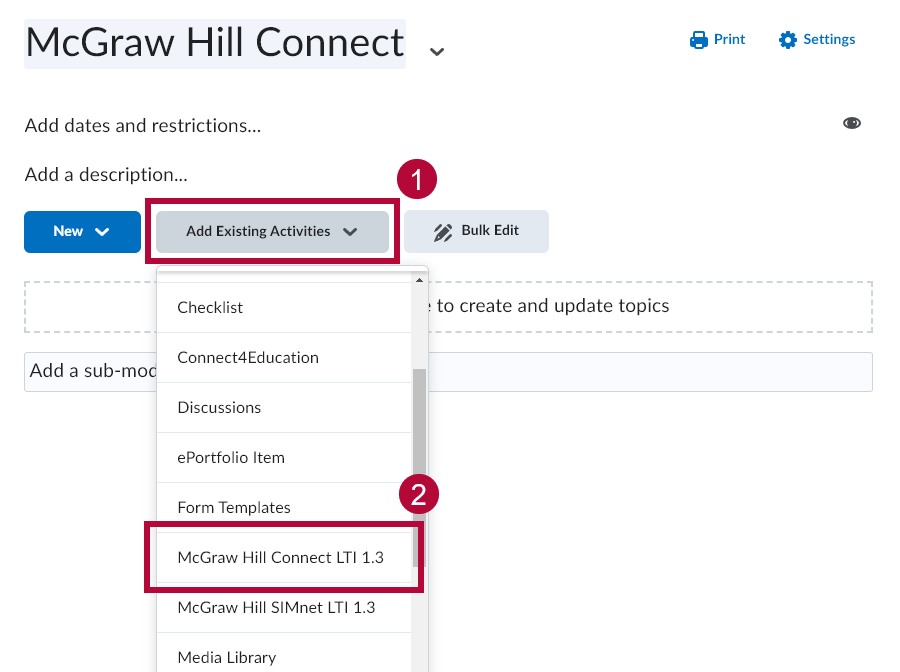 Identifies the McGraw Hill SIMnet LTI 1.3 option under Add Existing Activities button.
