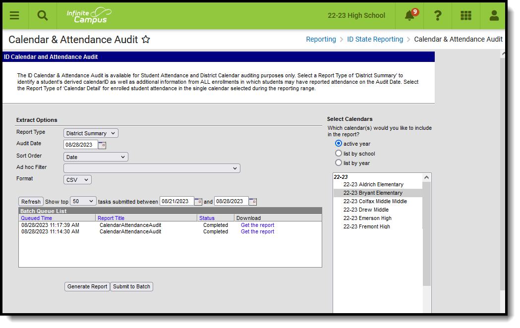 Screenshot of the Calendar and Attendance Audit report, located at Reporting, ID State Reporting