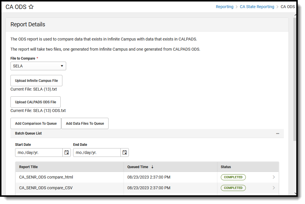 Screenshot of the CA ODS tool, located at Reporting, CA State Reporting. 