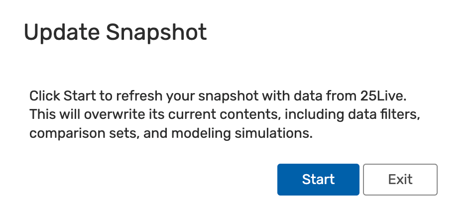 Text: Update Snapshot, Click Start to refresh your snapshot with data from 25Live. This will overwrite its current contents, including data filters, comparison sets, and modeling simulations.