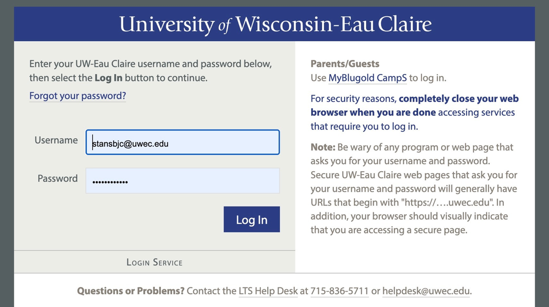 Screenshot of: Log-in using UWEC username and password, and authenticate using DUO.