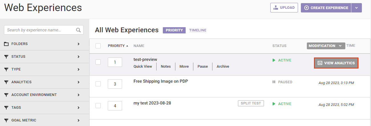 Callout of the VIEW ANALYTICS button that appears for an entry on the Experiences list page