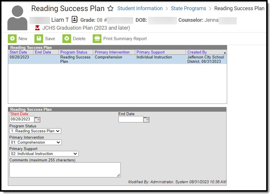 Screenshot of the Reading Success Plan tool located in the student information state programs category.