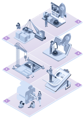 Illustration showing six people demonstrating the six Monetate platform user roles