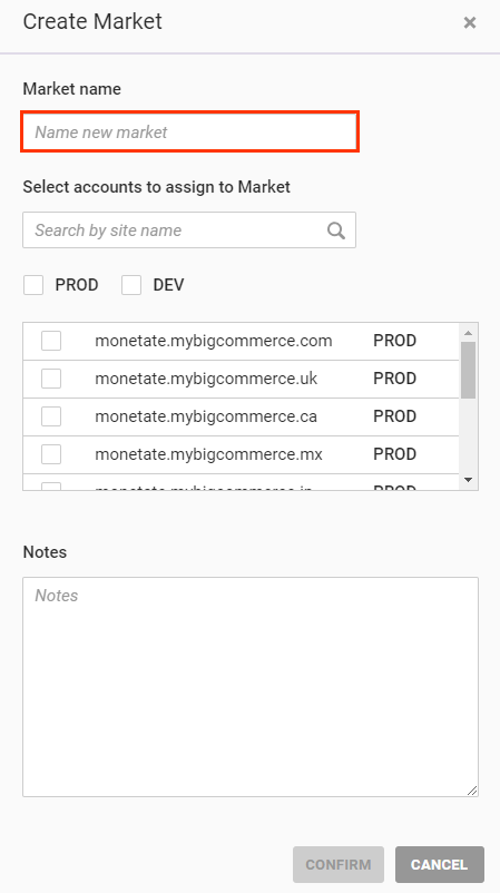Callout of the 'Market name' field on the Create Market modal