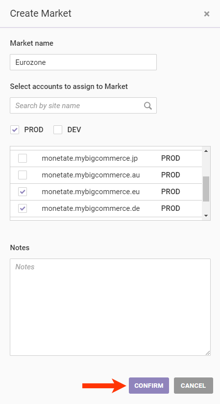 Callout of the CONFIRM button on the Create Market modal