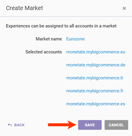 Callout of the SAVE button on the Create Market modal