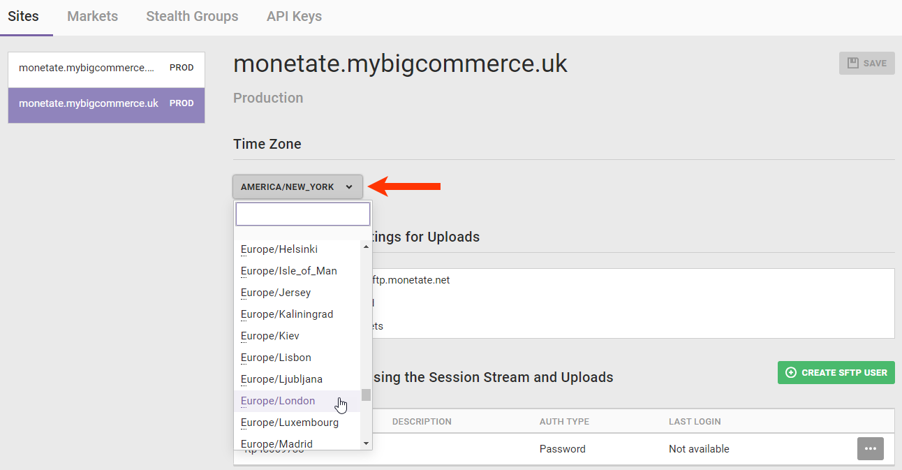 Callout of the Time Zone selector on the Sites page of the Monetate platform settings