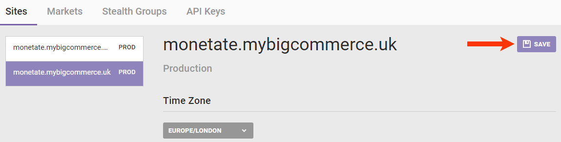 Callout of the SAVE button on the Sites page of the Monetate platform settings