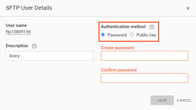Callout of the Authentication method options on the 'SFTP User Details' modal