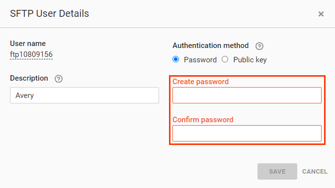 Callout of the 'Create password' and 'Confirm password' fields on the 'SFTP User Details' modal