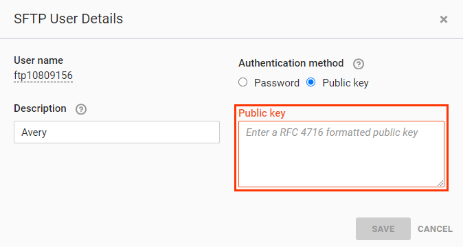 Callout of the 'Public key' text field on the 'SFTP User Details' modal