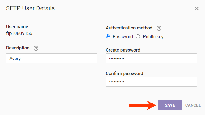 Callout of the SAVE button on the 'SFTP User Details' modal