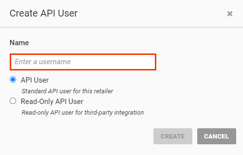 Callout of the Name field on the 'Create API User' modal