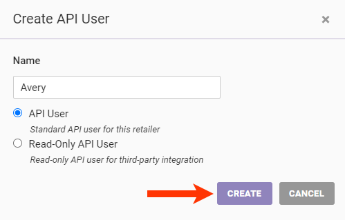 Callout of the CREATE button on the 'Create API User' modal
