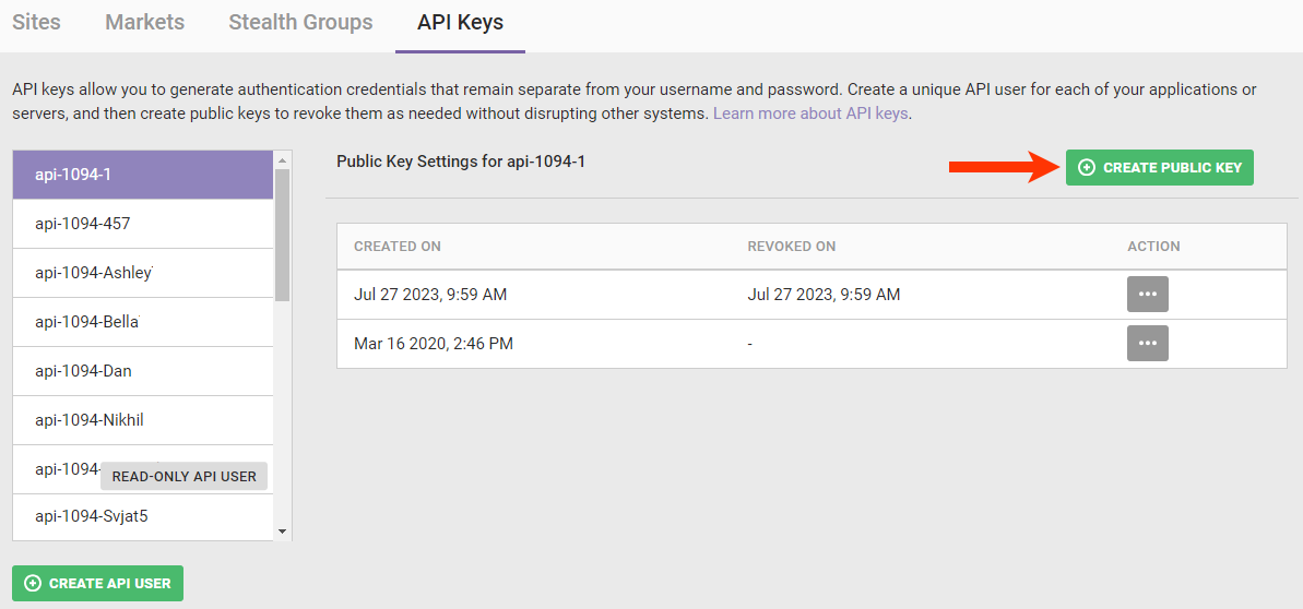 Callout of the 'CREATE PUBLIC KEY' button on the 'API Keys' tab of the Sites page