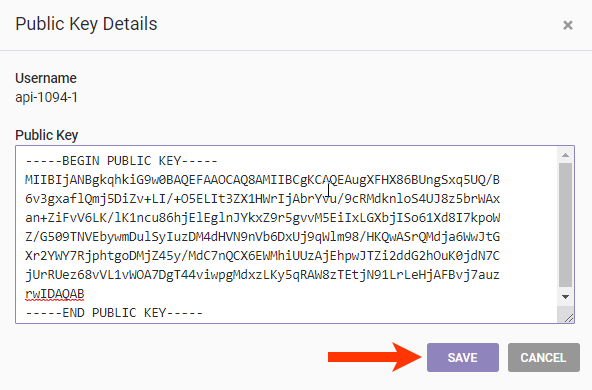 Callout of the SAVE button on the 'Public Key Details' modal