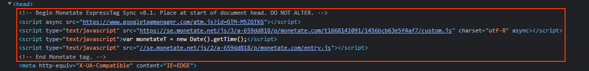 Callout of the asynchronous version of the Monetate tag code in the 'head' element of the HTML code for a site
