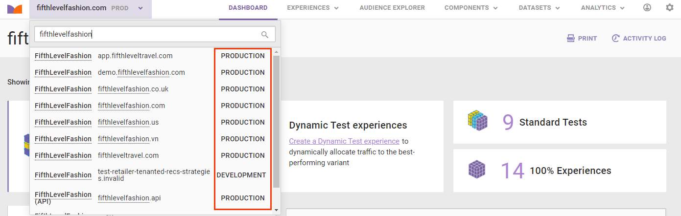 Callout of the notation of account environment type in the account selector in the Monetate platform