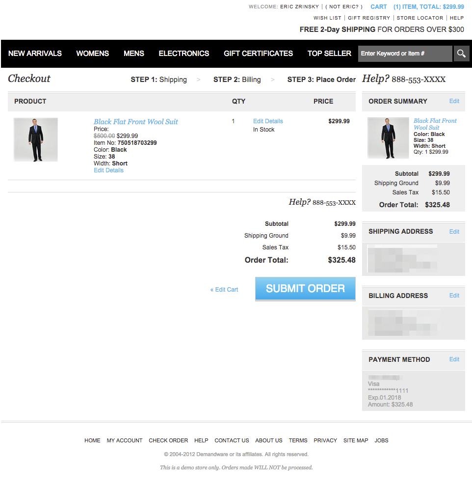 Example of an online retailer's checkout page that contains a customer's order details
