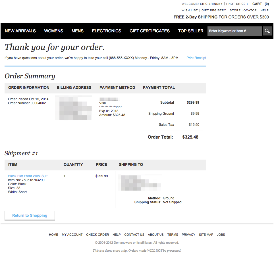 Example of an online retailer's purchase confirmation page