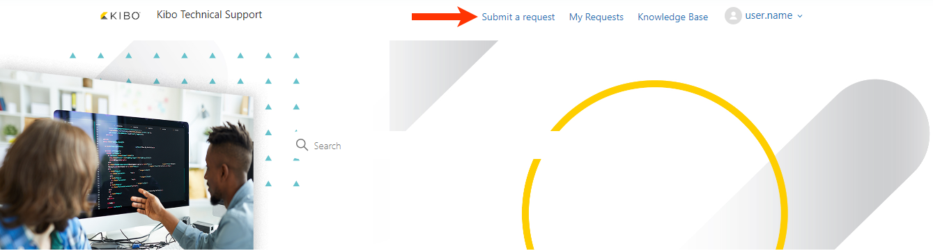 Callout of the 'Submit a request' button on the landing page of the Kibo Technical Support portal