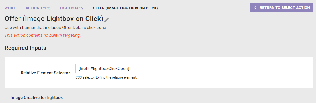 An Image Lightbox On Click action template, with '[href='#lightboxClickOpen']' in the Relative Element Selector field