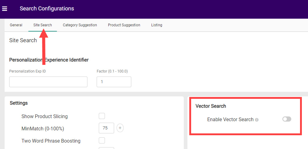 The site search settings with a callout for Vector Search