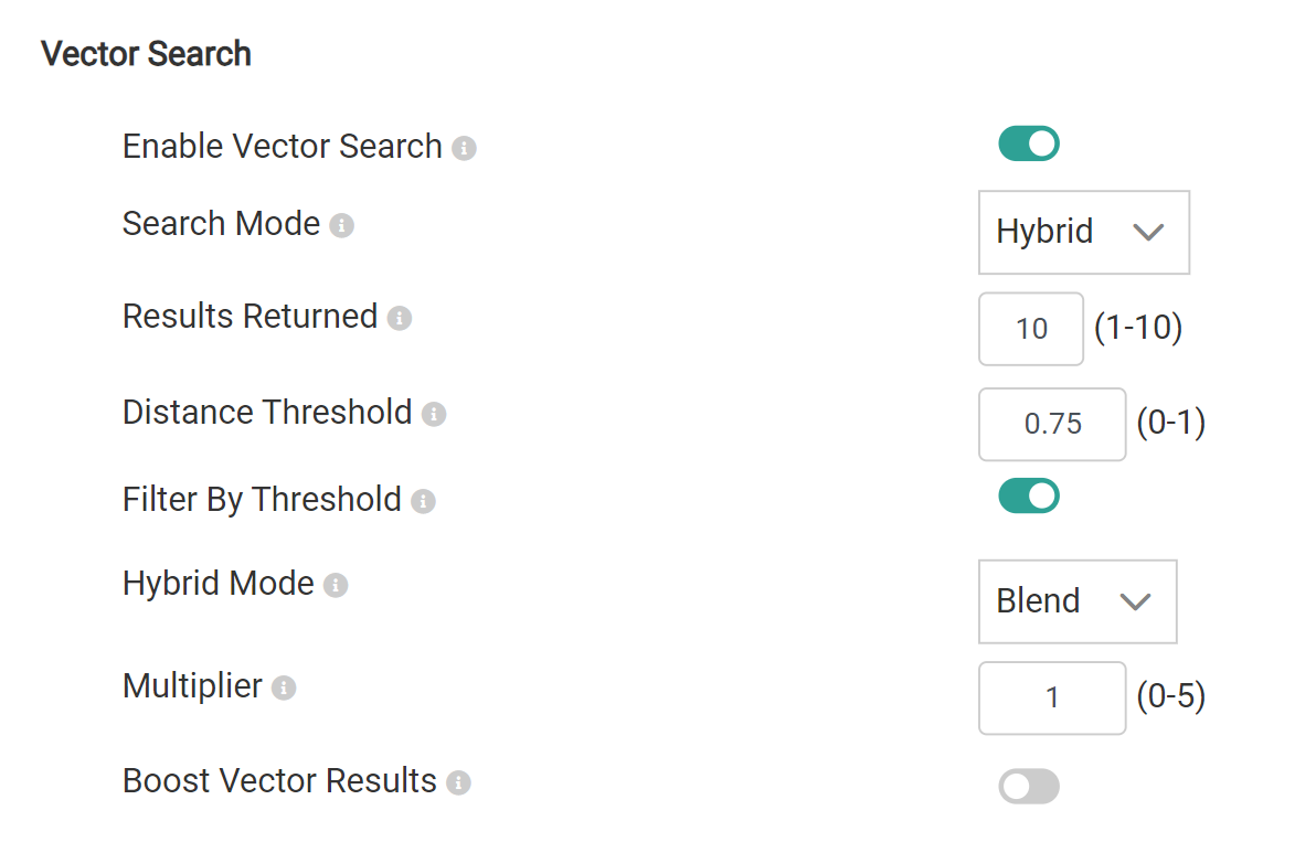 All vector search settings with example values
