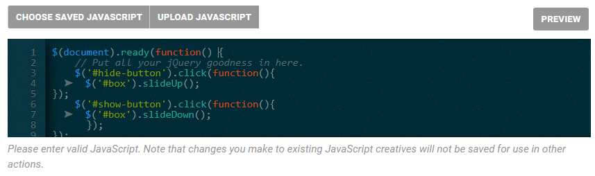 The JavaScript editor in an action template, with jQuery code input into the editor
