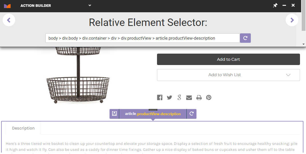 The Relative Element Selector screen of Action Builder, with a product view DIV element selected