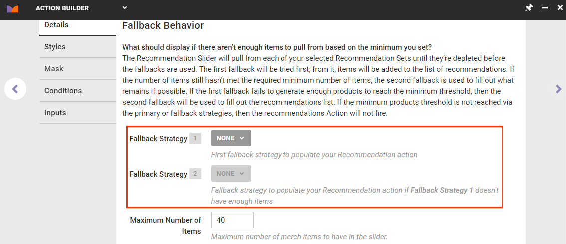 Callout of the Fallback Strategy 1 selector and the Fallback Strategy 2 selector on the Details tab of Action Builder