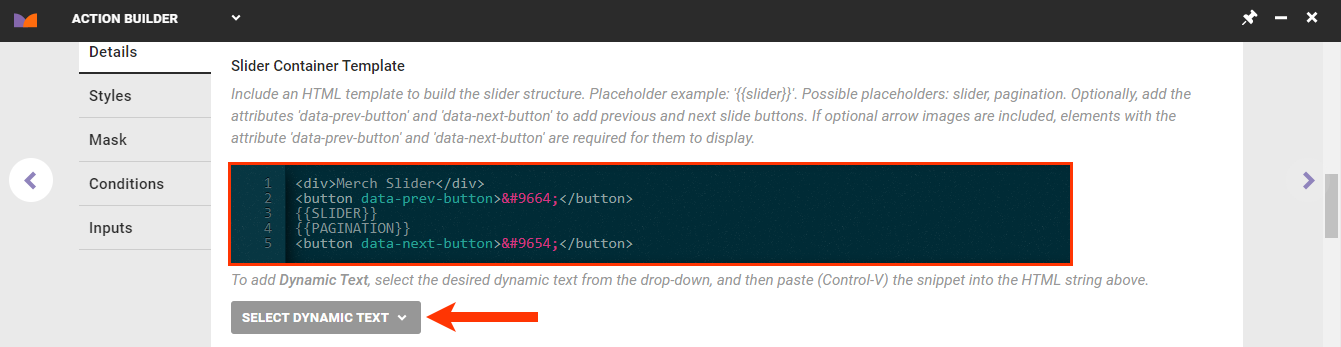 The Slider Container Template code editor on the Details tab of Action Builder