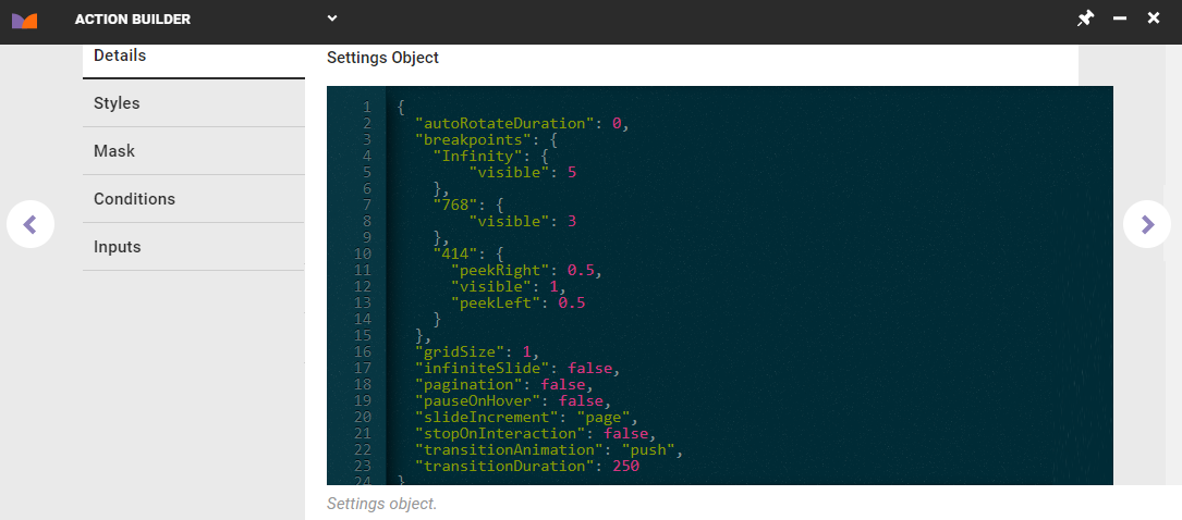 The Settings Object code editor on the Details tab of Action Builder