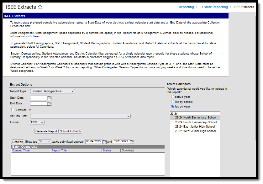 Screenshot of ISSE Extracts editor with Student Demographics selected